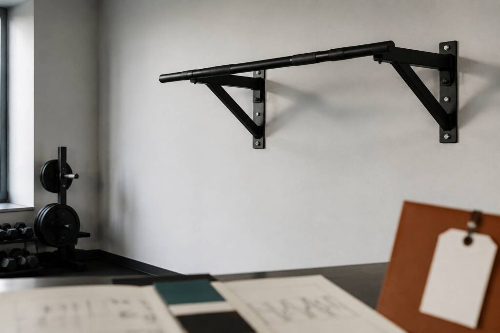 Barre de traction fixée au mur par des platines dans une pièce sobre