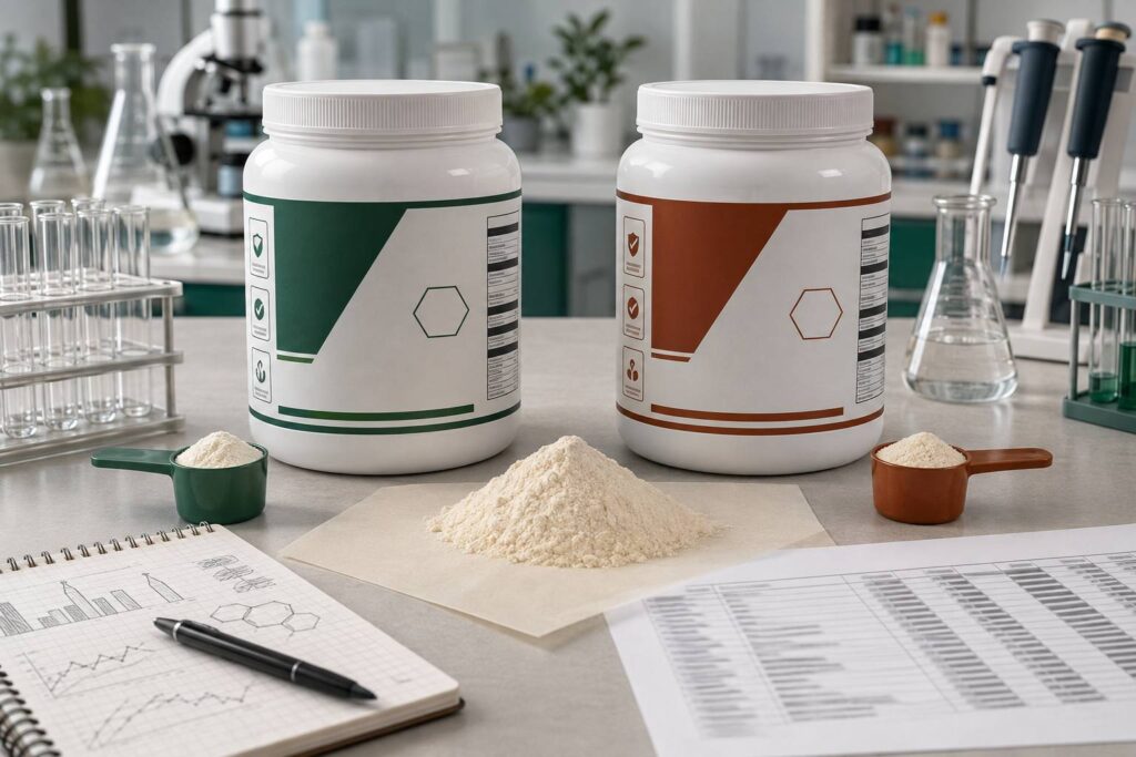 Deux pots de BCAA génériques avec dosettes et feuille de calcul floue
