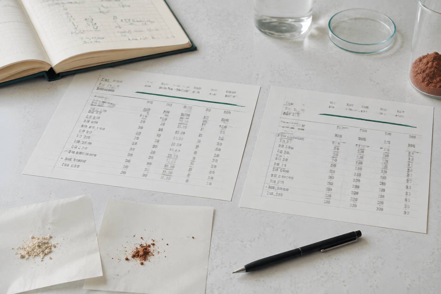 Deux fiches nutritionnelles floues comparées avec lignes soulignées au crayon