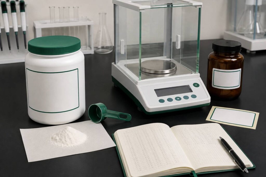 Pot de créatine générique avec dosette de poudre blanche et balance