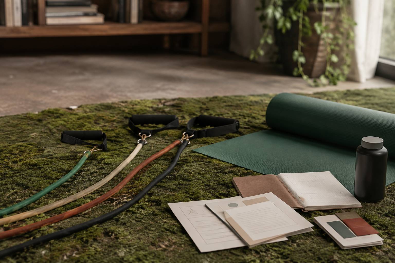 Élastiques de résistance colorés étalés sur un tapis dans un petit espace