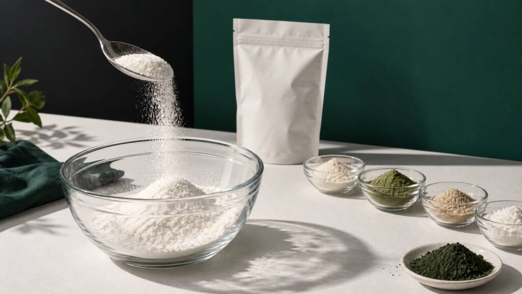 Cuillère versant une poudre fine dans un bol avec sachets neutres alignés