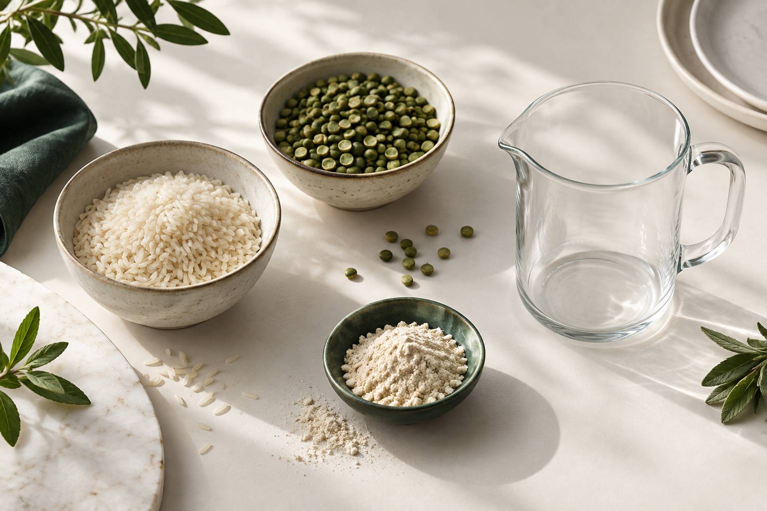 Riz cru et pois secs dans deux bols distincts sur un plan de travail