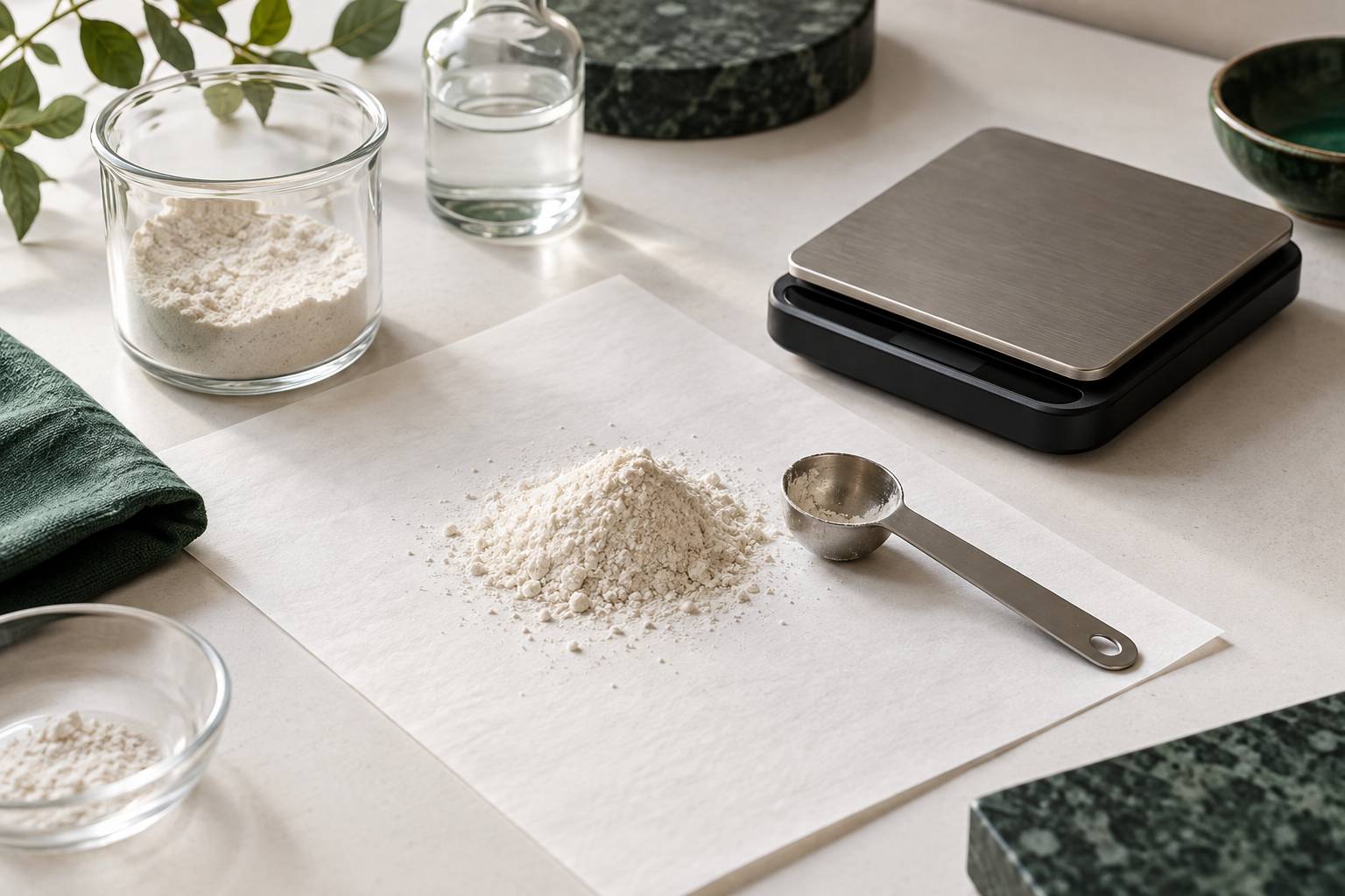 Poudre claire et cuillere doseuse sur un plan de travail
