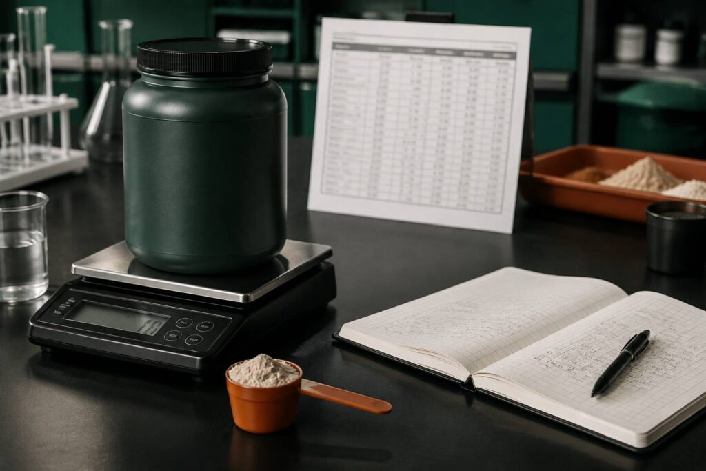 Pot de poudre générique sur une balance avec dosette et tableau nutritionnel flou