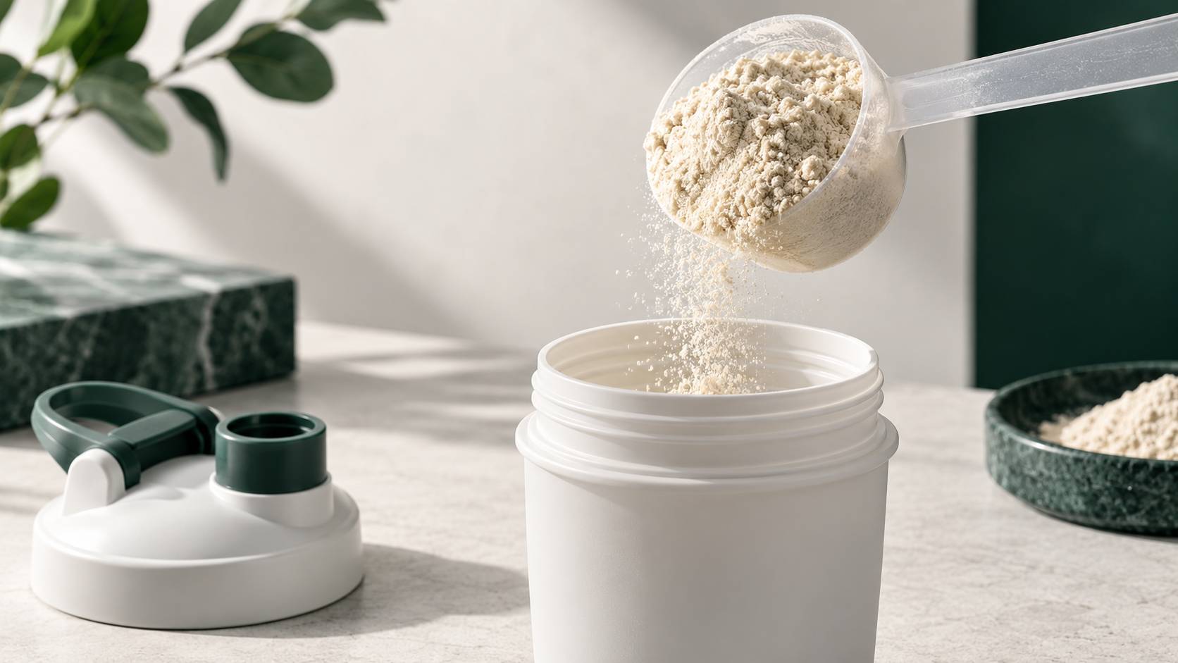 Cuillère doseuse de poudre de protéine au-dessus d'un shaker
