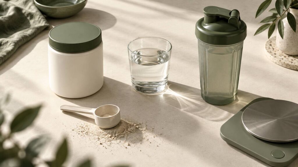 Pot de complément générique, cuillère-dose et shaker sur un plan de travail