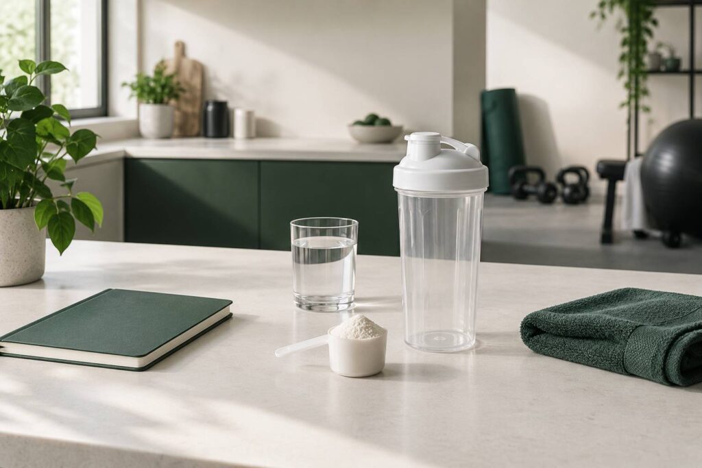 Shaker transparent et cuillere doseuse de poudre blanche