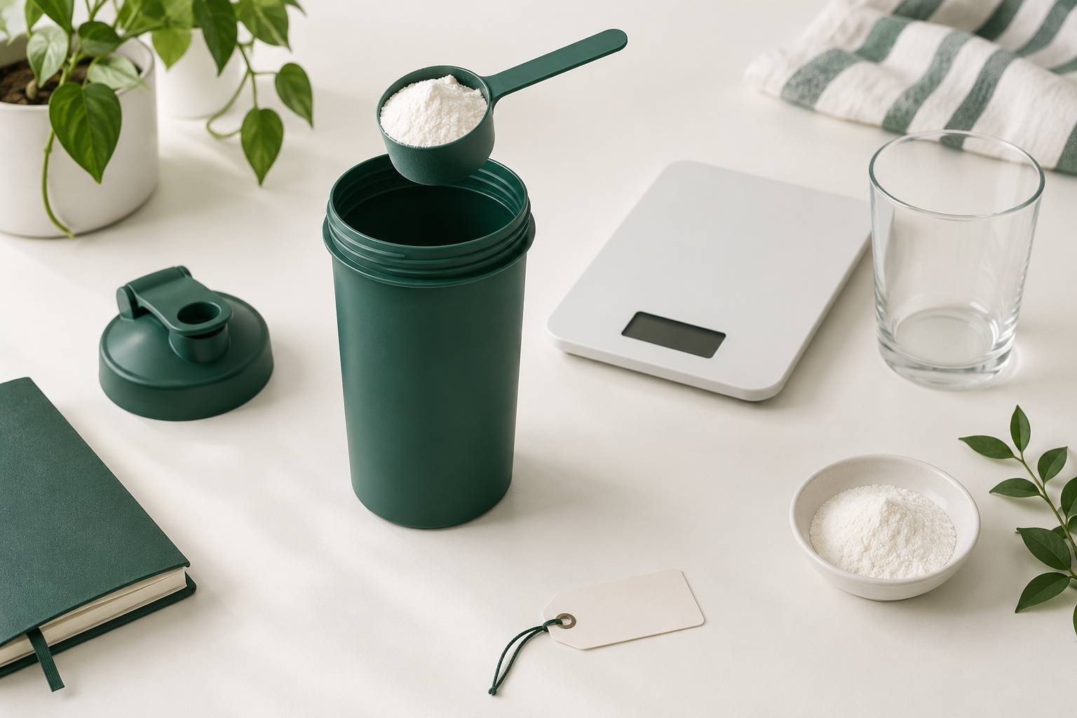 Cuillere doseuse de poudre et balance de cuisine sur un plan clair