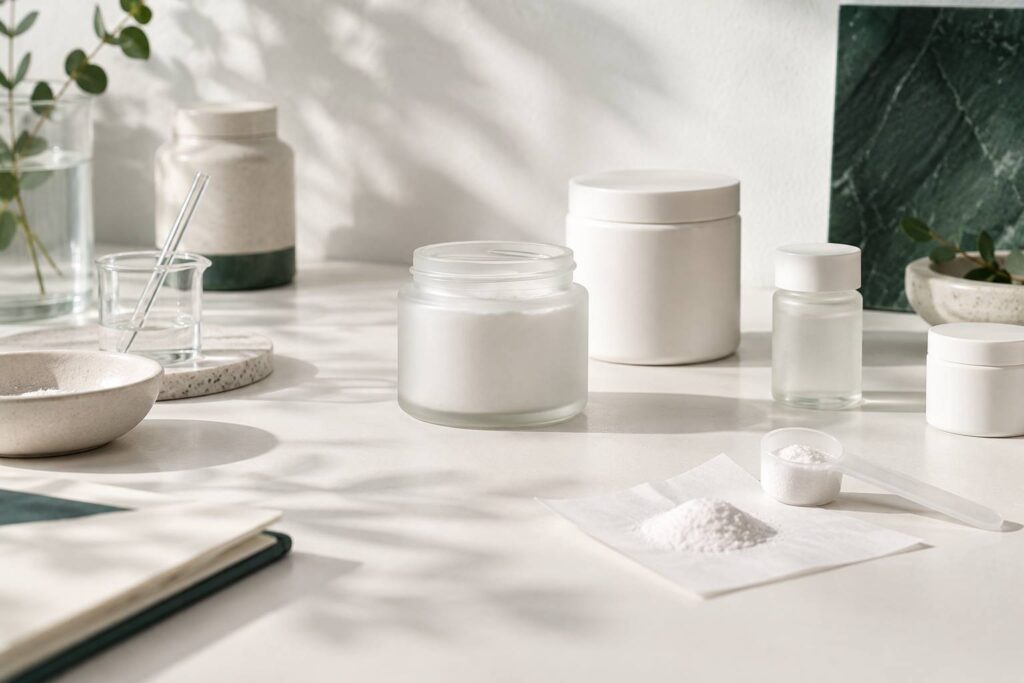 Pots neutres de complement en poudre de tailles differentes sur fond clair