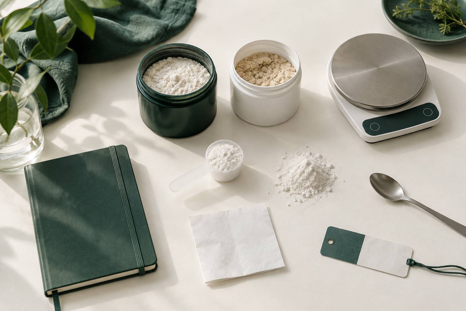 Dosette de poudre blanche et pots de complement neutres sur une table claire