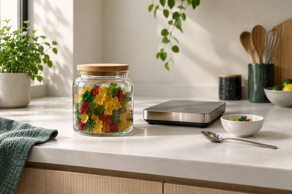 Bocal de gummies colorés et balance de cuisine sur un plan de travail clair