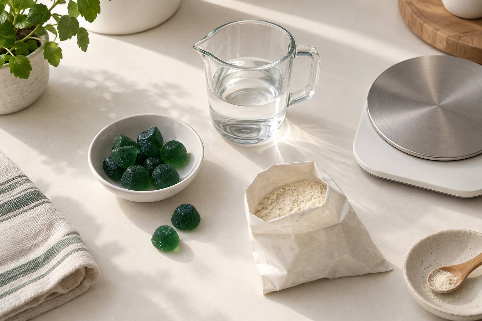Gummies, verre doseur et balance sur une table de préparation