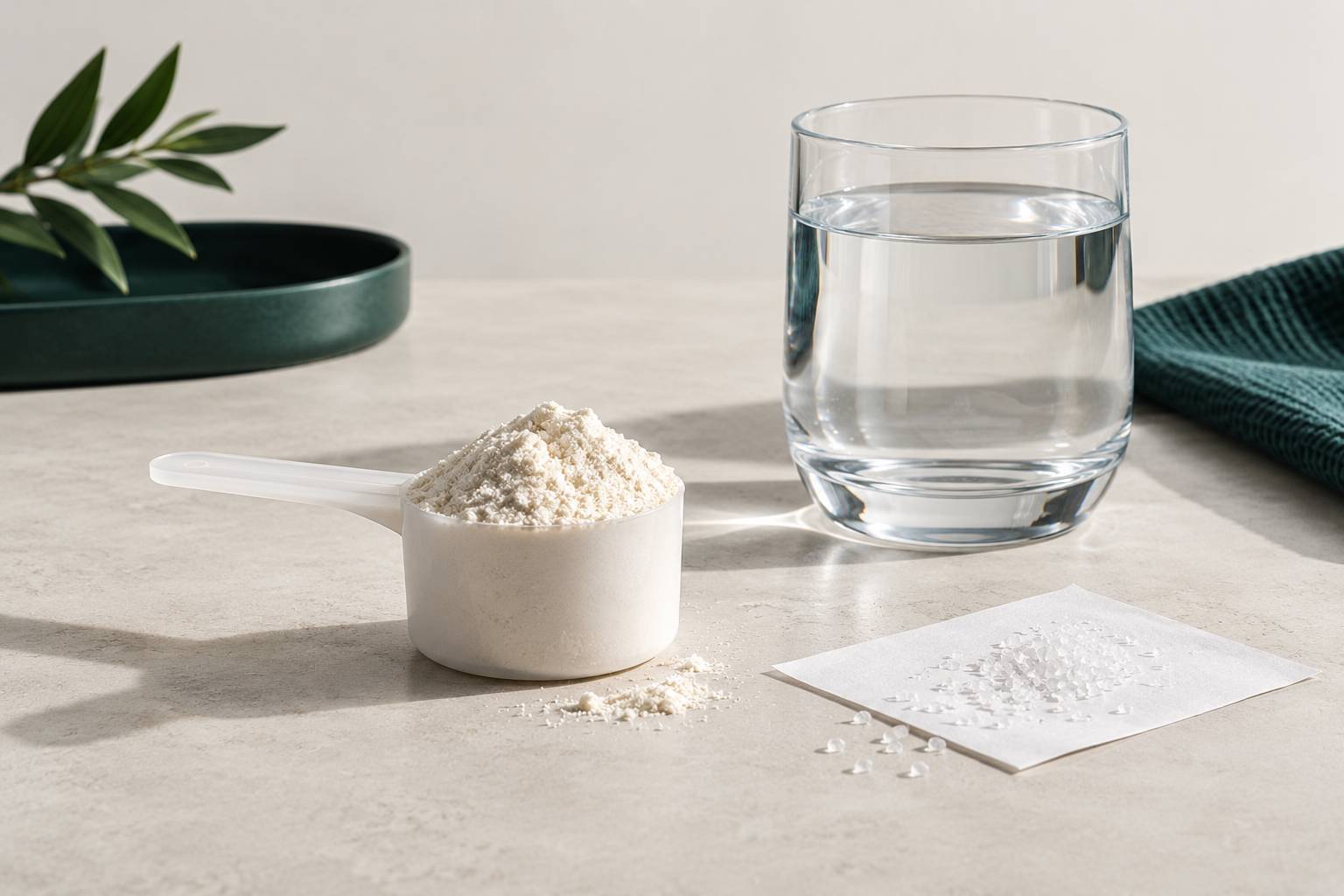 Cuillere de poudre proteinee et verre d'eau sur un plan de travail