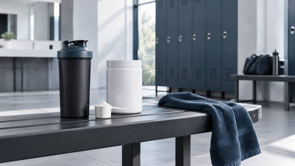 Shaker, dosette de poudre et cuillère-mesure sur un banc de vestiaire