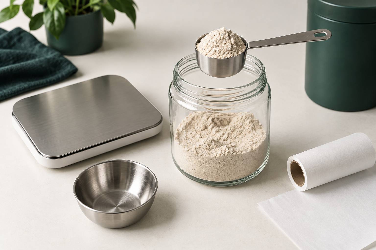 Gros plan sur une cuillere doseuse de poudre proteinee et un bocal