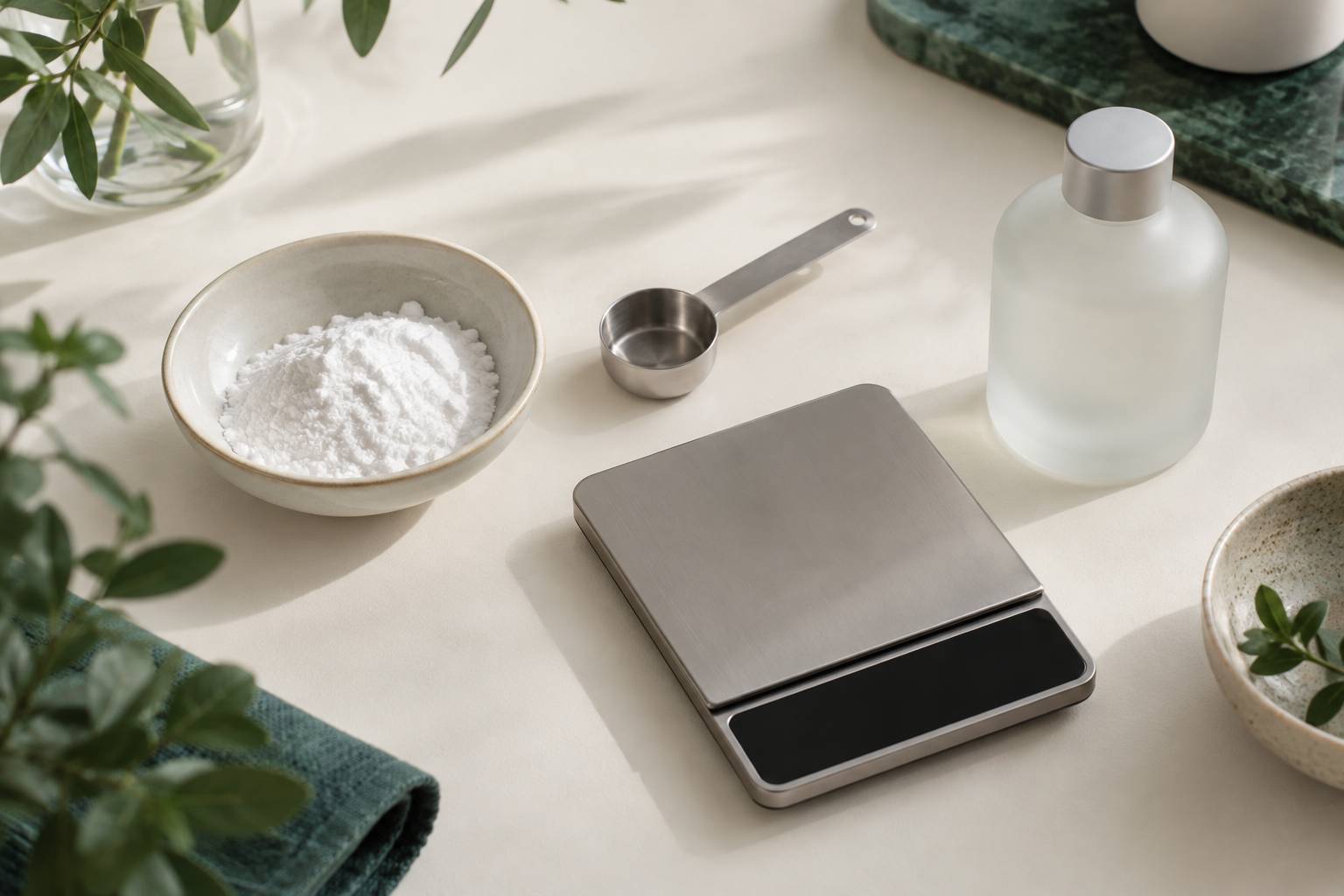 Poudre blanche, doseur et balance de precision sur un plan de preparation